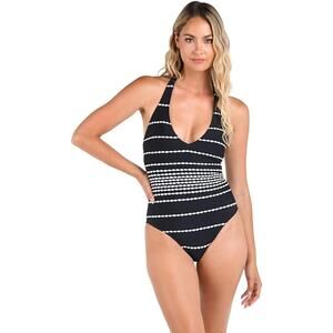 NWT New La Blanca Womens Size 4 Black City Lights Back Tie One Piece Swimsuit